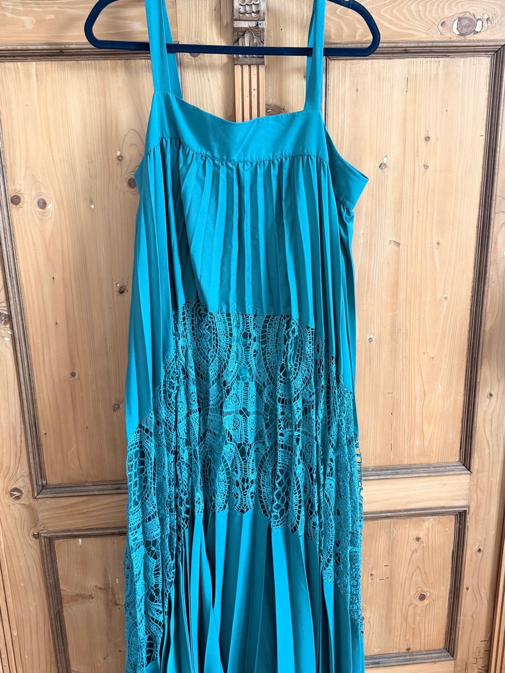 Anthropologie Sleeveless Teal Pleated Maxi Dress with Lace Insets